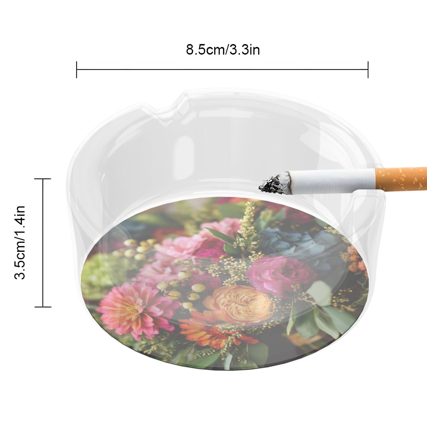 Floral - Printed Round Glass Ashtray | 8.5cm Diameter, Exquisite Home & Office Decorative Ashtray