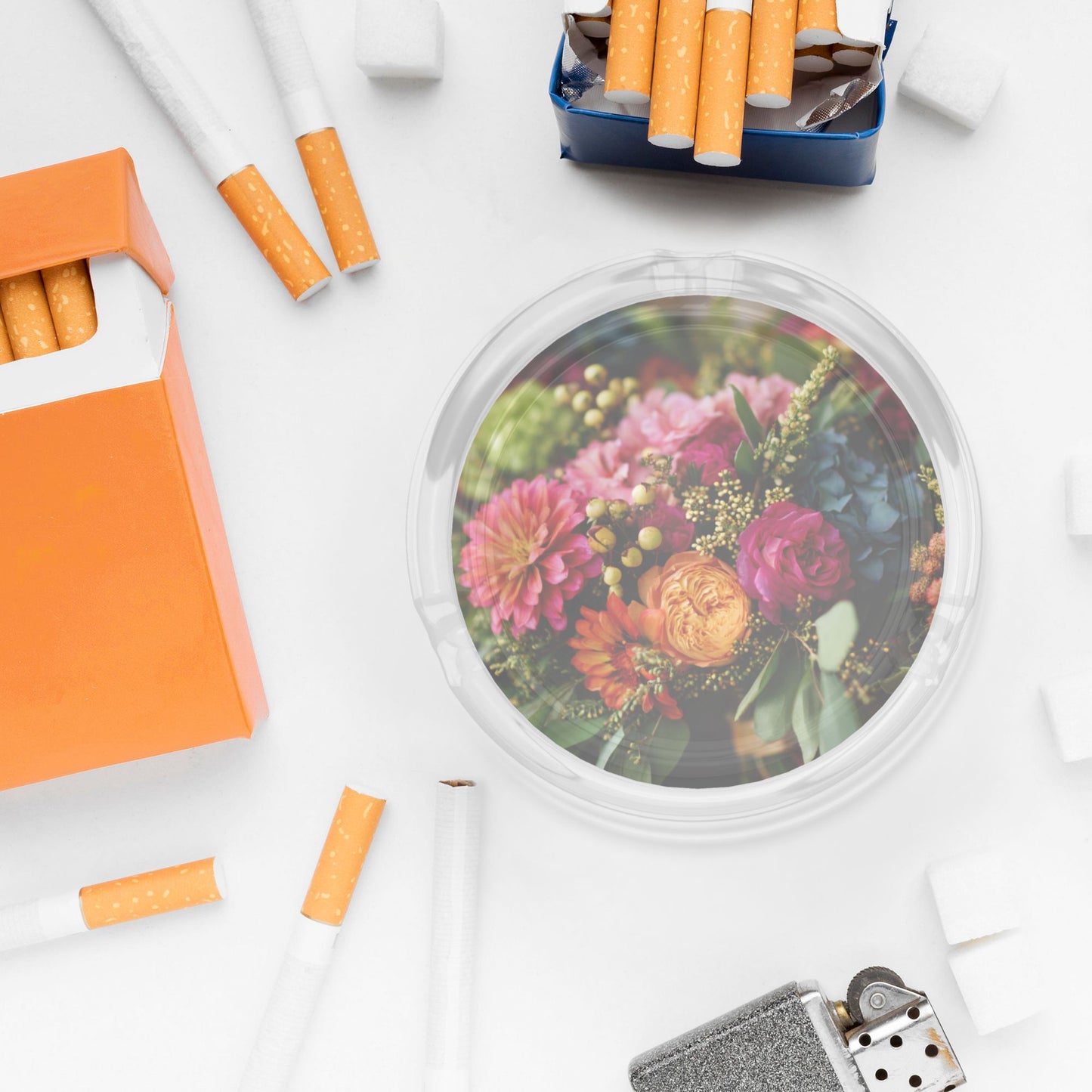 Floral - Printed Round Glass Ashtray | 8.5cm Diameter, Exquisite Home & Office Decorative Ashtray