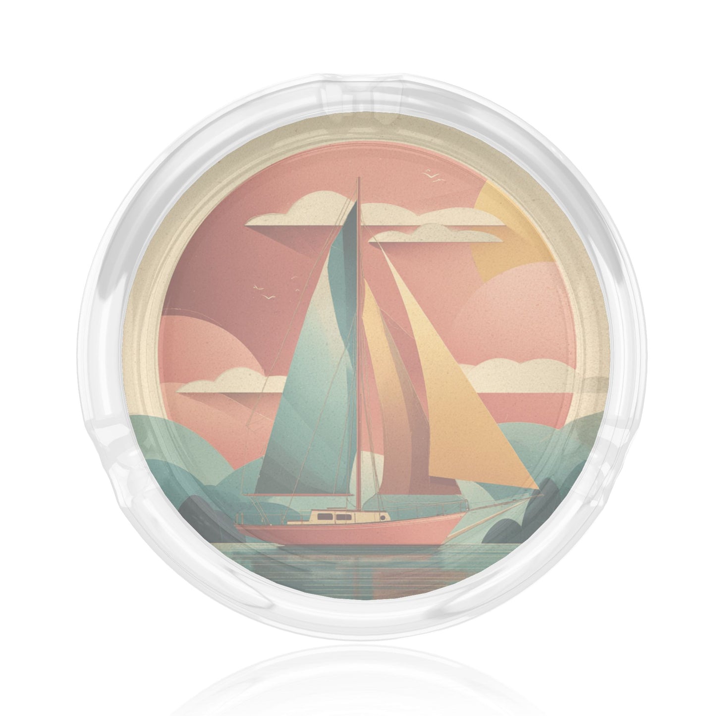Round Glass Ashtray with Sailboat Pattern - 8.5cm Diameter Creative and Practical Smoking Companion