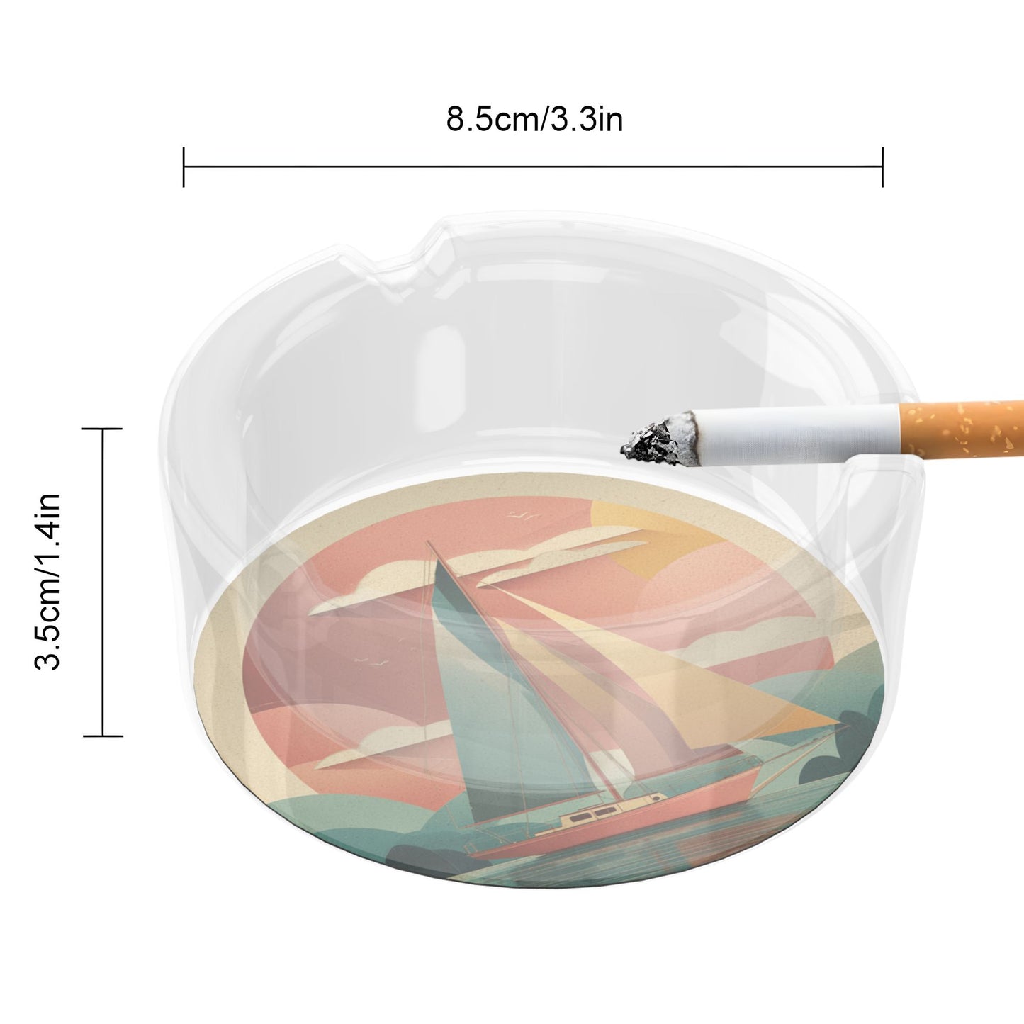 Round Glass Ashtray with Sailboat Pattern - 8.5cm Diameter Creative and Practical Smoking Companion