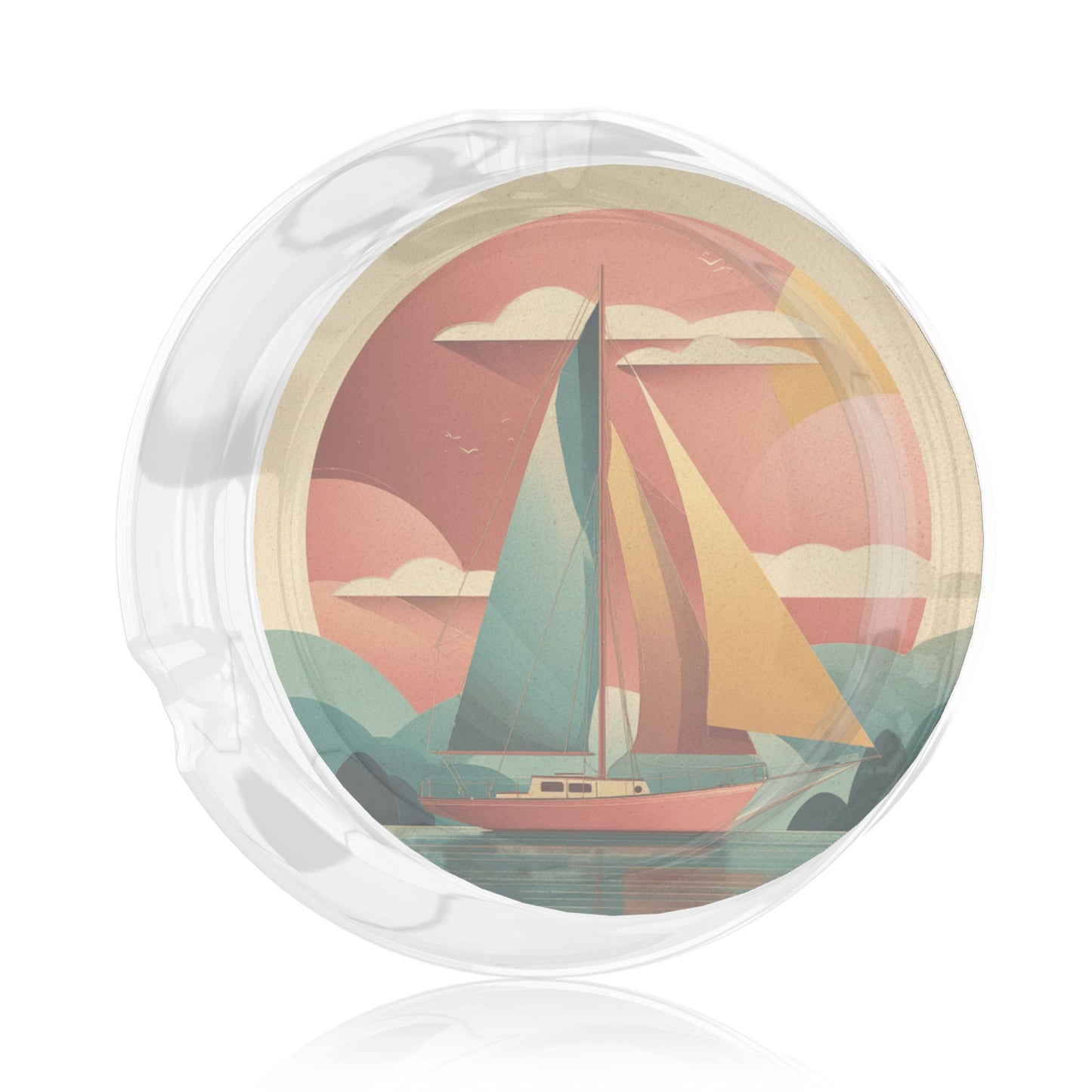 Round Glass Ashtray with Sailboat Pattern - 8.5cm Diameter Creative and Practical Smoking Companion