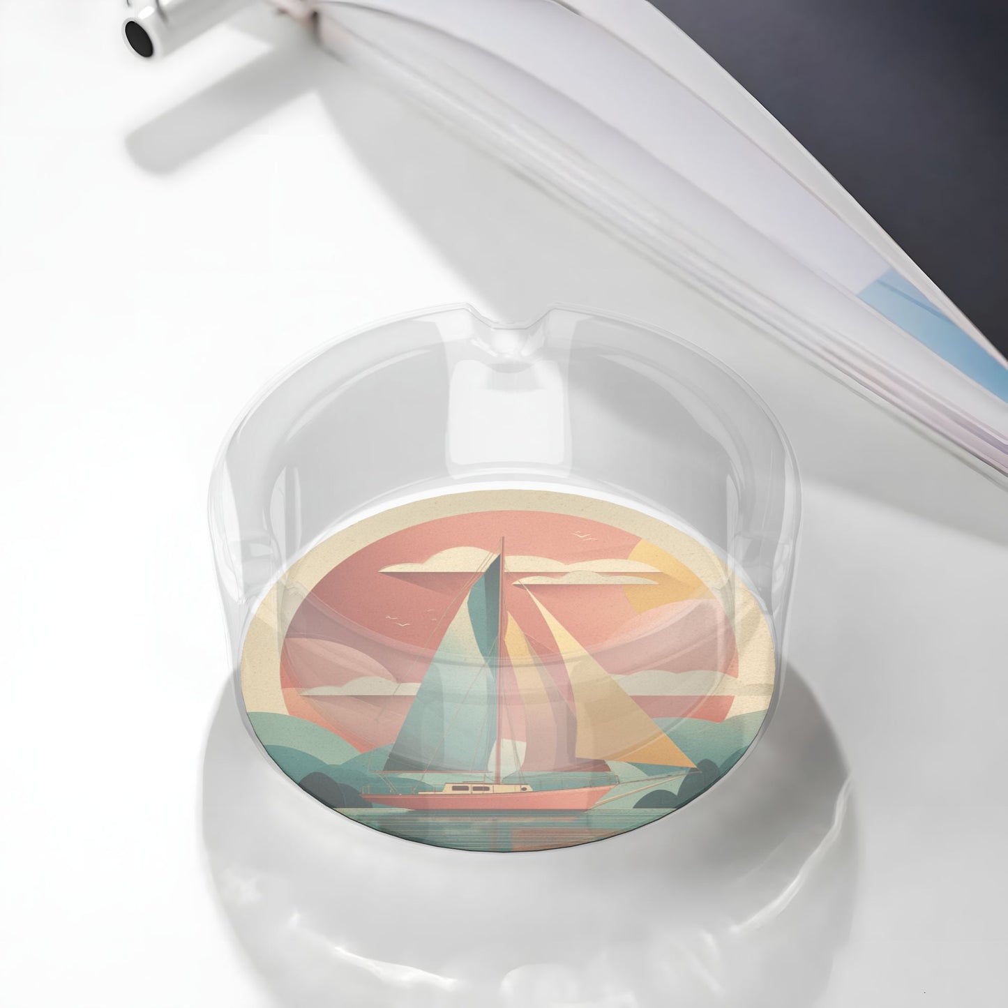 Round Glass Ashtray with Sailboat Pattern - 8.5cm Diameter Creative and Practical Smoking Companion