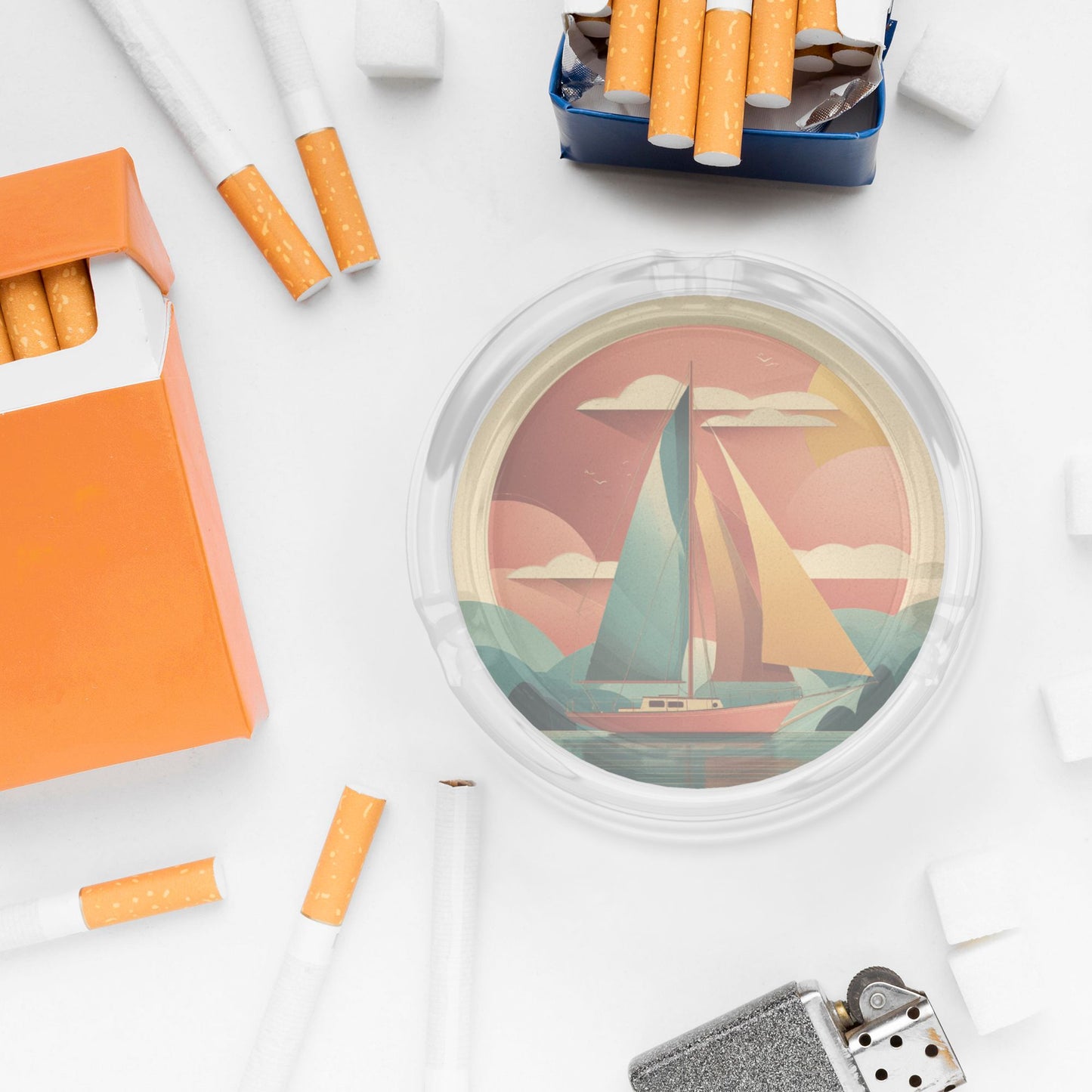 Round Glass Ashtray with Sailboat Pattern - 8.5cm Diameter Creative and Practical Smoking Companion
