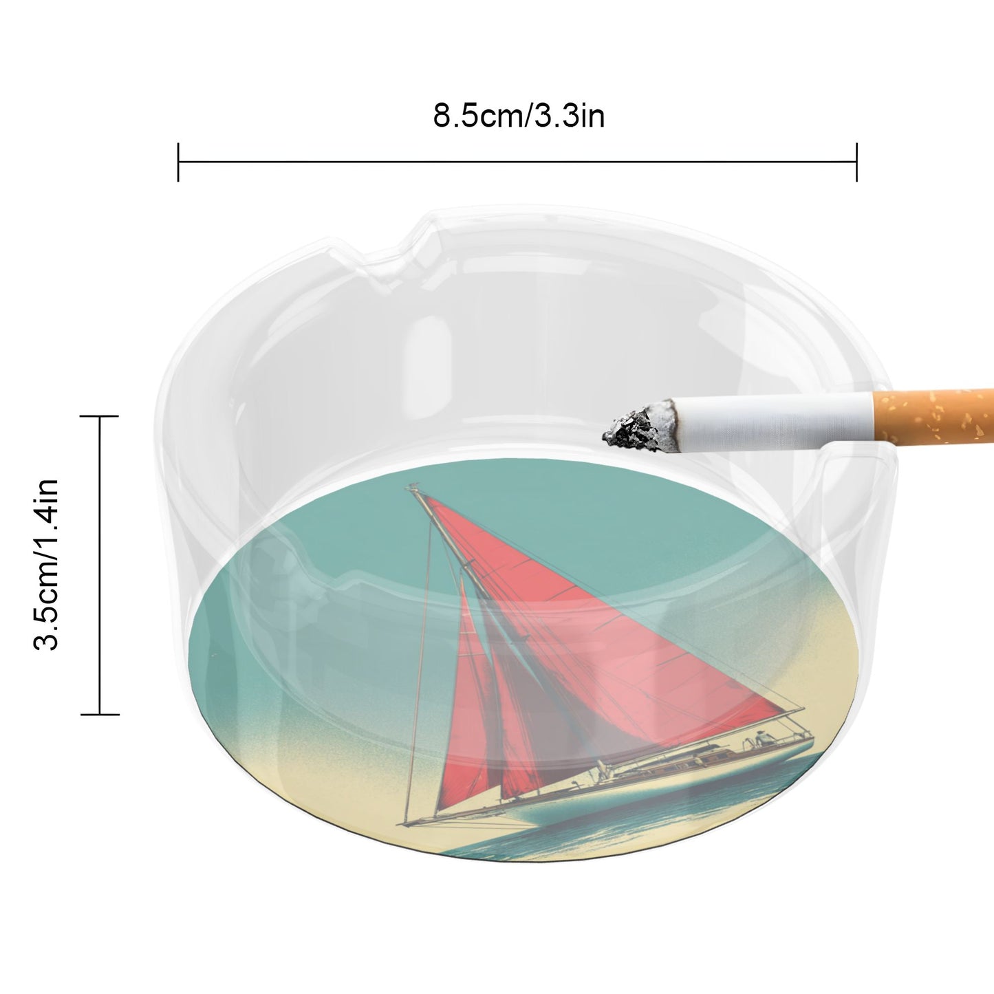 Vintage Red - Sailboat Pattern Round Glass Ashtray - 8.5cm Diameter Nautical - Themed Creative Smoking Accessory