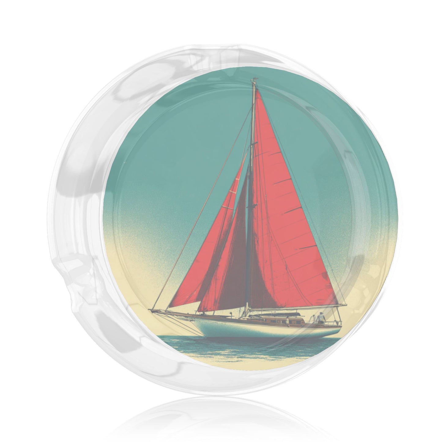 Vintage Red - Sailboat Pattern Round Glass Ashtray - 8.5cm Diameter Nautical - Themed Creative Smoking Accessory