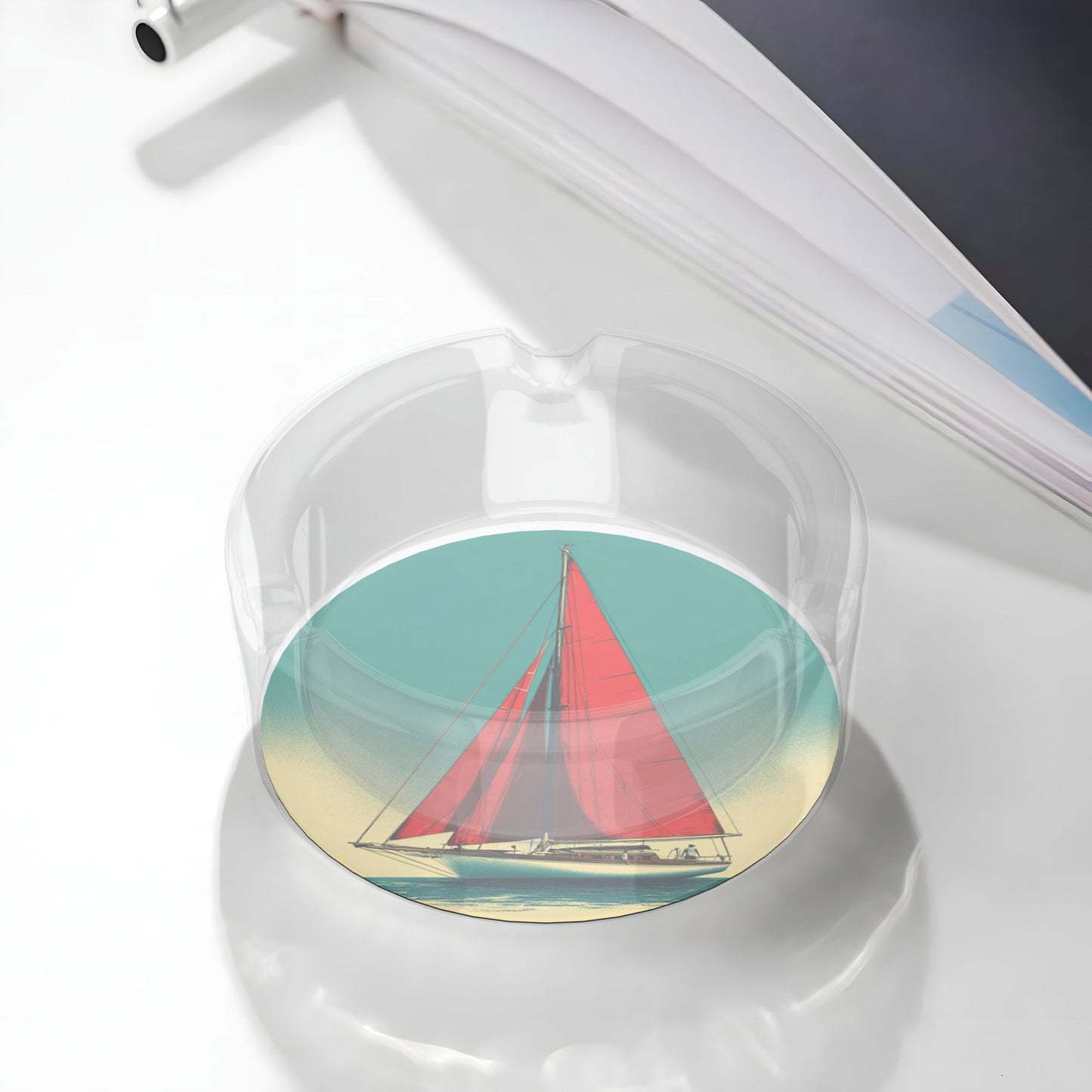 Vintage Red - Sailboat Pattern Round Glass Ashtray - 8.5cm Diameter Nautical - Themed Creative Smoking Accessory