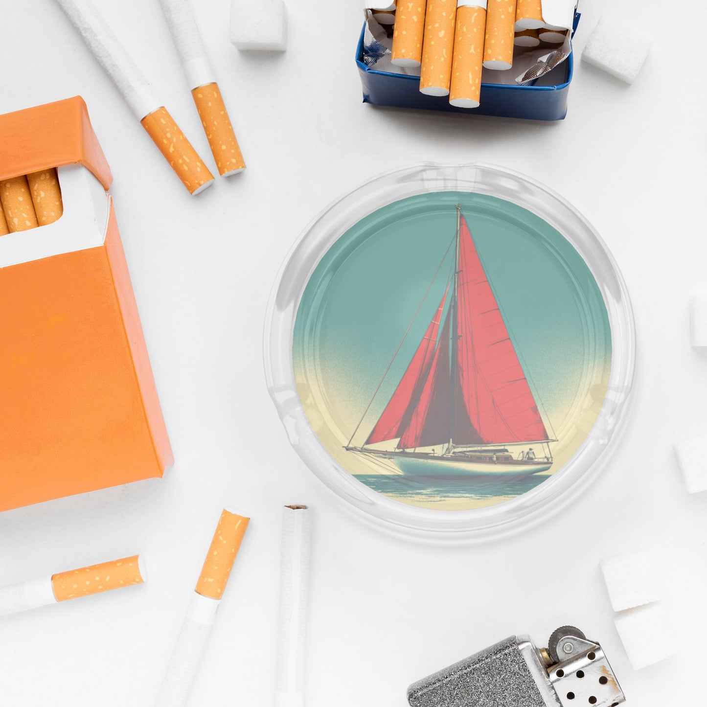 Vintage Red - Sailboat Pattern Round Glass Ashtray - 8.5cm Diameter Nautical - Themed Creative Smoking Accessory