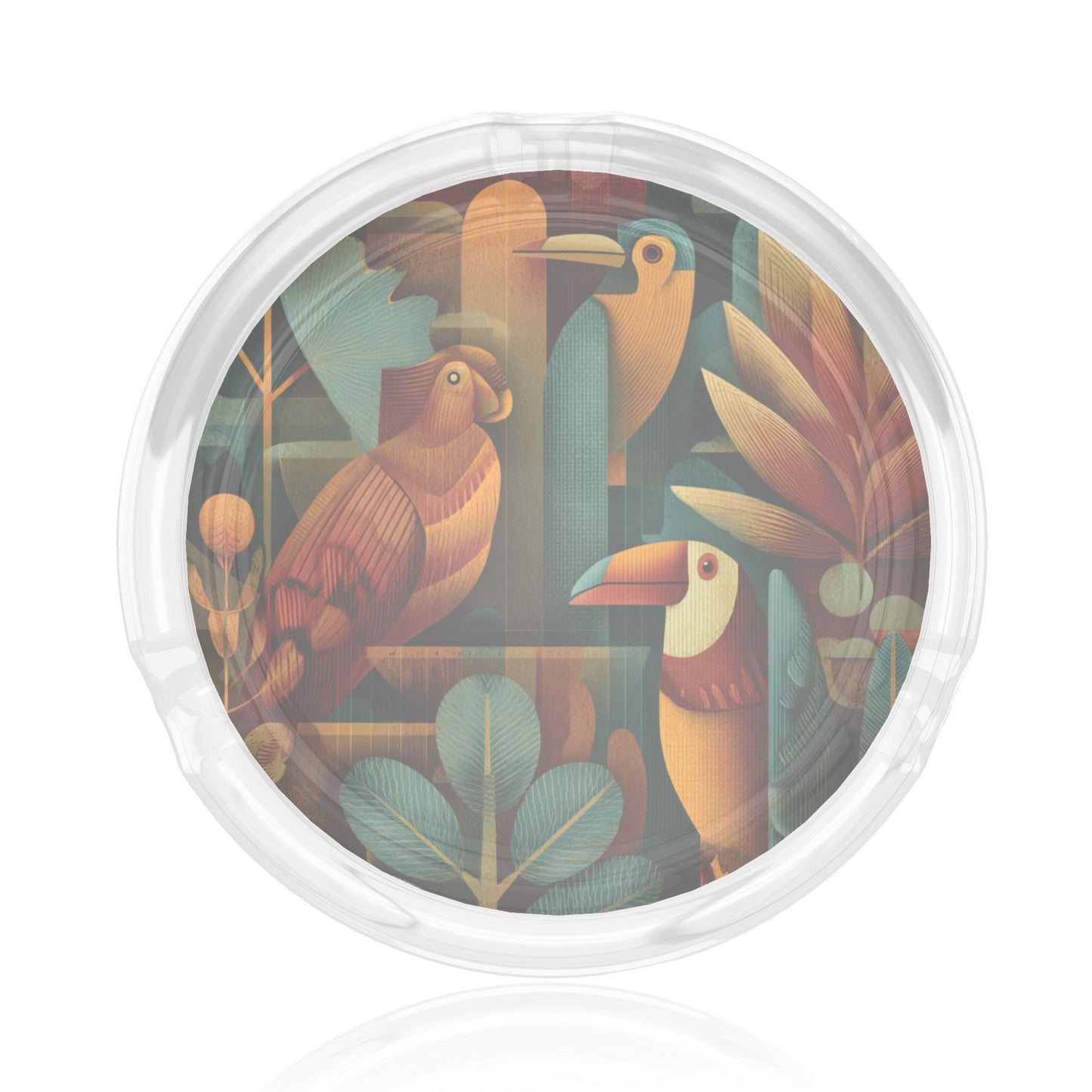 Tropical Birds Pattern Round Glass Ashtray - 8.5cm Diameter Artistic Nautical - Themed Smoking Accessory