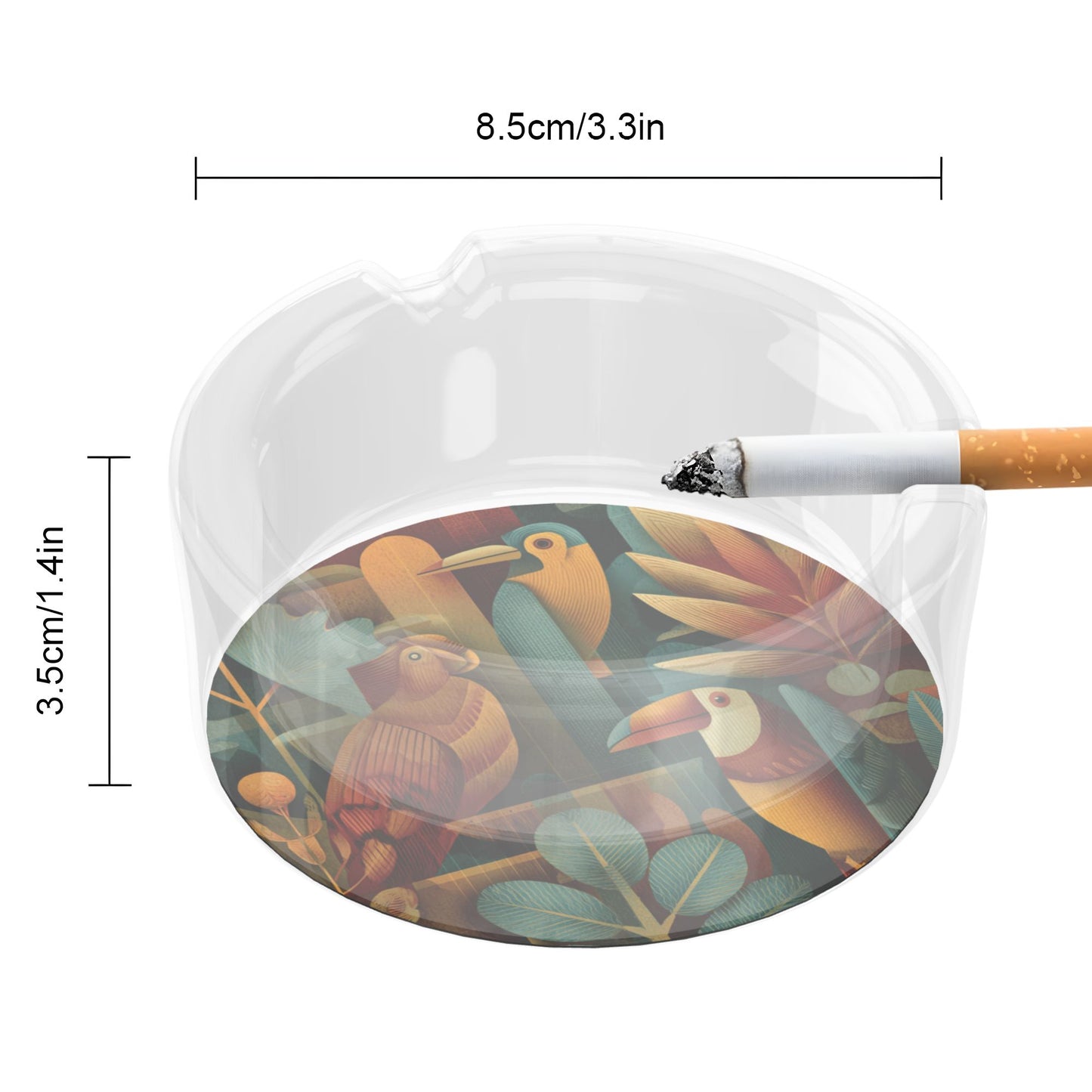 Tropical Birds Pattern Round Glass Ashtray - 8.5cm Diameter Artistic Nautical - Themed Smoking Accessory