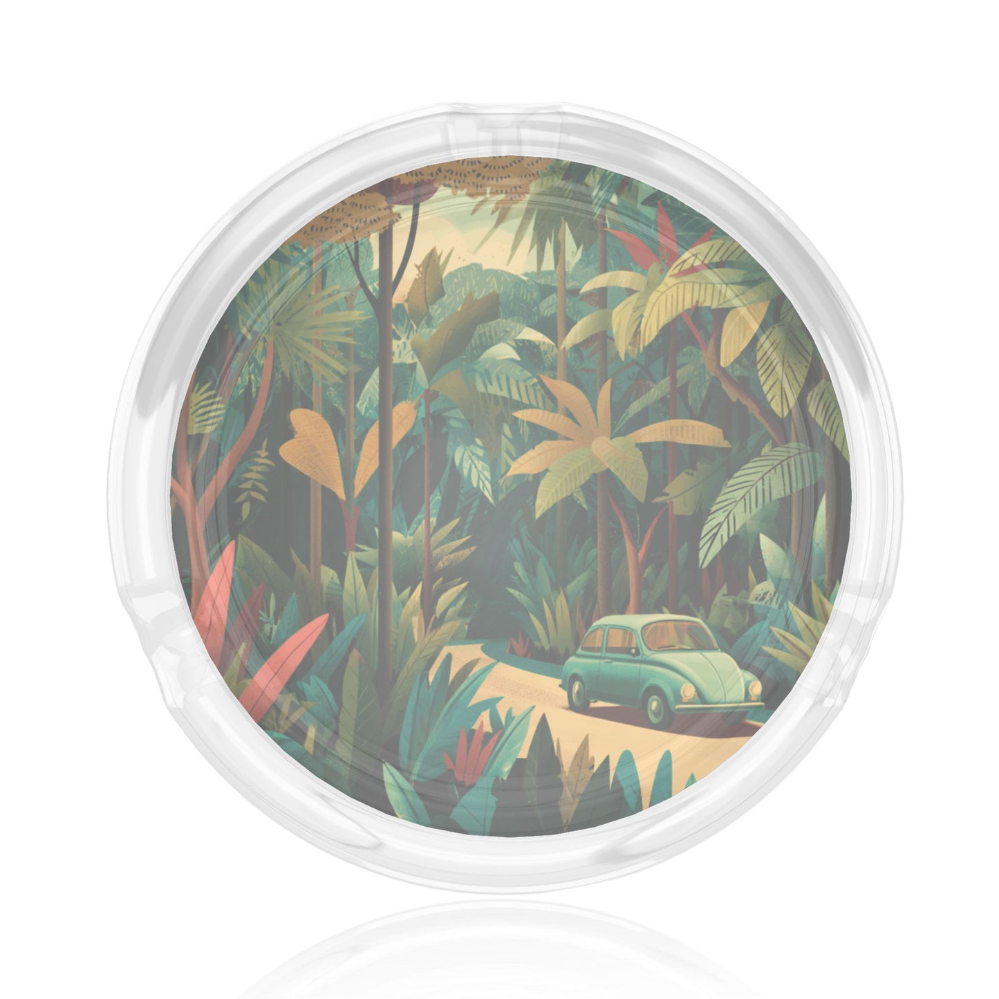 Retro Jungle Adventure Round Glass Ashtray - 8.5cm Diameter, Tropical - Themed Artistic Smoking Accessory