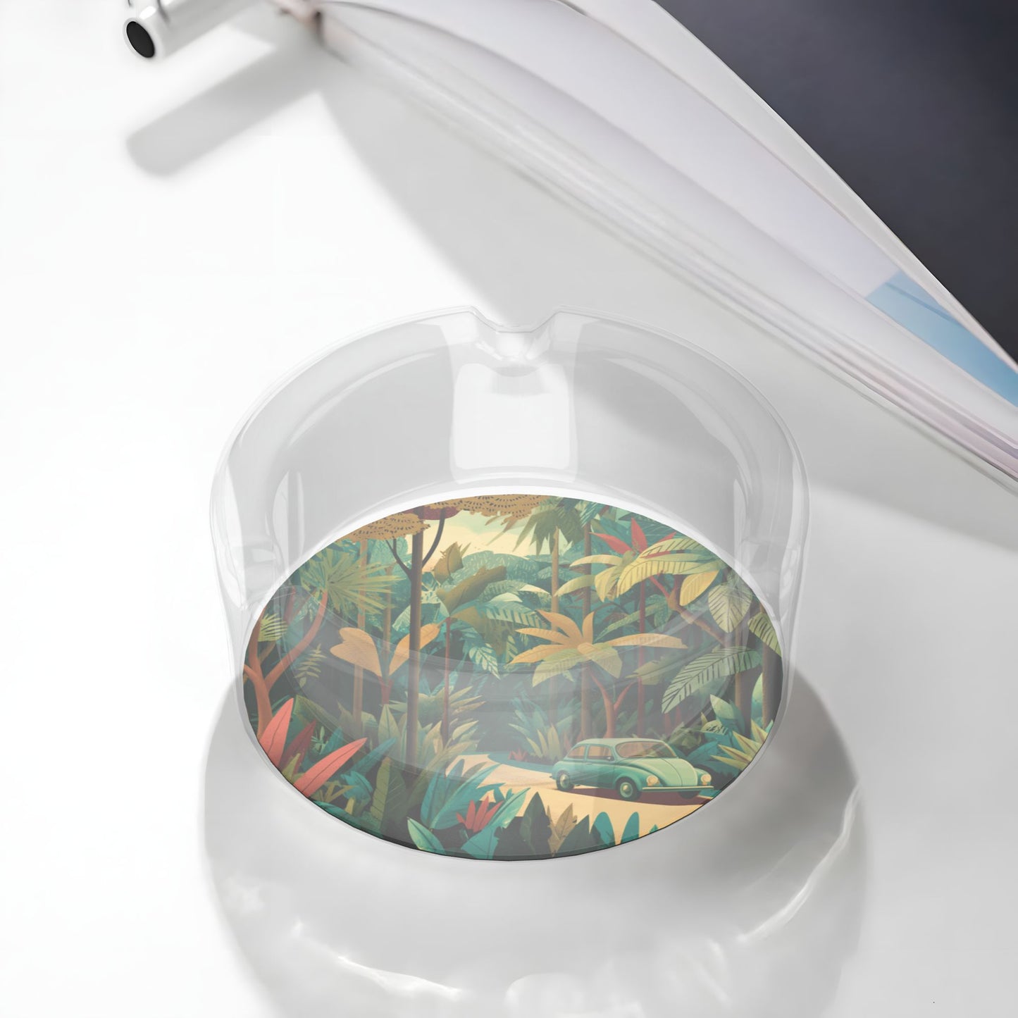 Retro Jungle Adventure Round Glass Ashtray - 8.5cm Diameter, Tropical - Themed Artistic Smoking Accessory