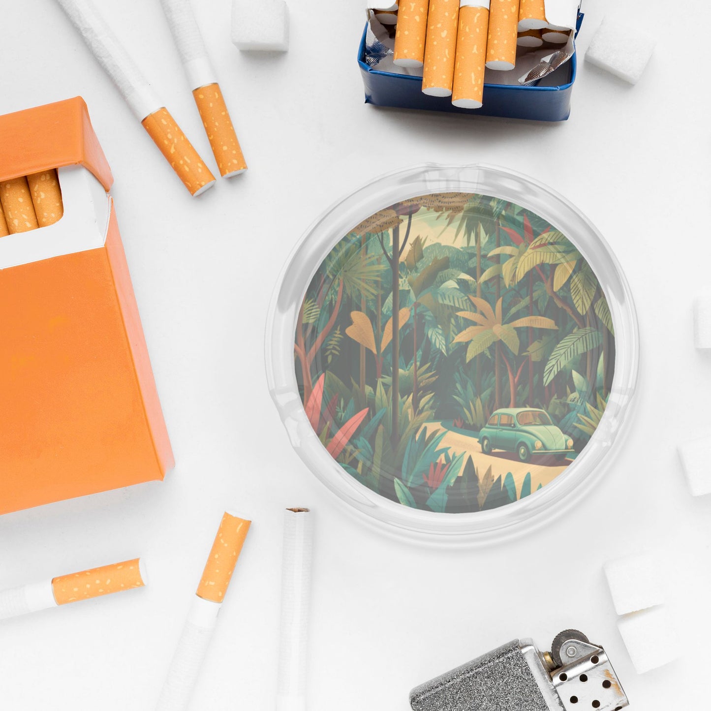 Retro Jungle Adventure Round Glass Ashtray - 8.5cm Diameter, Tropical - Themed Artistic Smoking Accessory