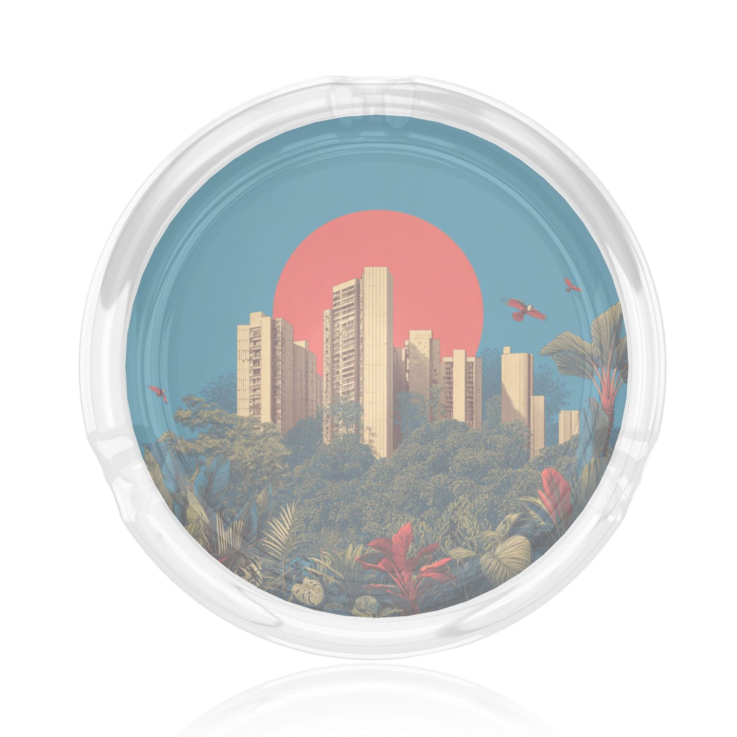 Urban Jungle Sunset Pattern Round Glass Ashtray - 8.5cm Diameter Creative City - Nature Fusion Decorative Ashtray