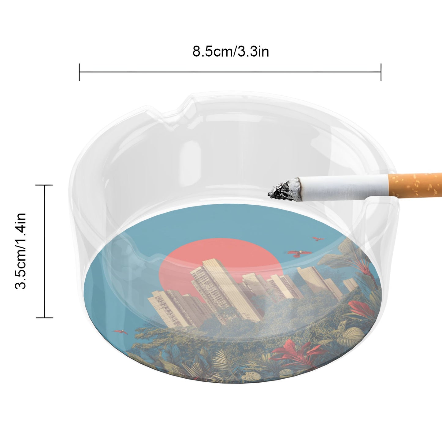 Urban Jungle Sunset Pattern Round Glass Ashtray - 8.5cm Diameter Creative City - Nature Fusion Decorative Ashtray