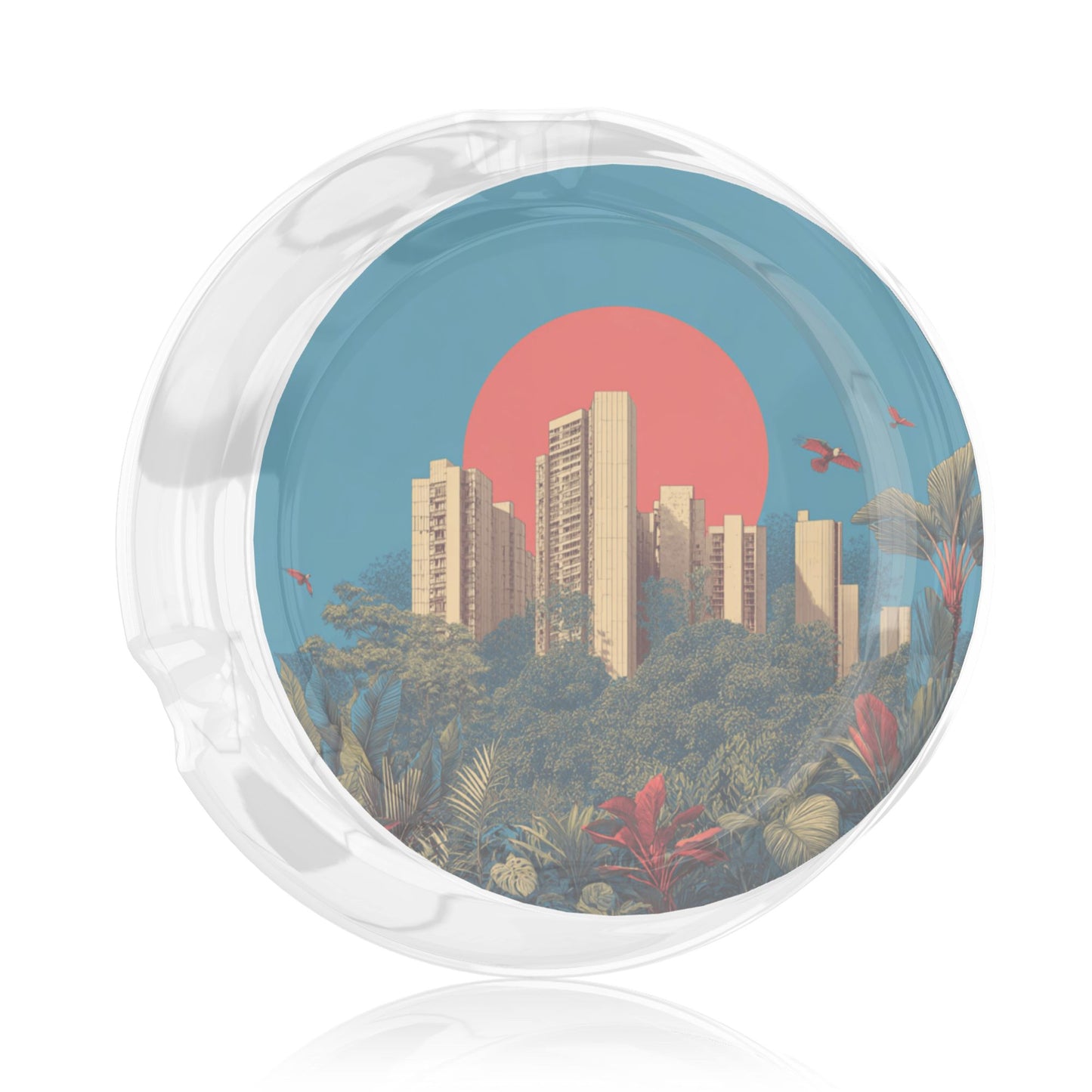 Urban Jungle Sunset Pattern Round Glass Ashtray - 8.5cm Diameter Creative City - Nature Fusion Decorative Ashtray