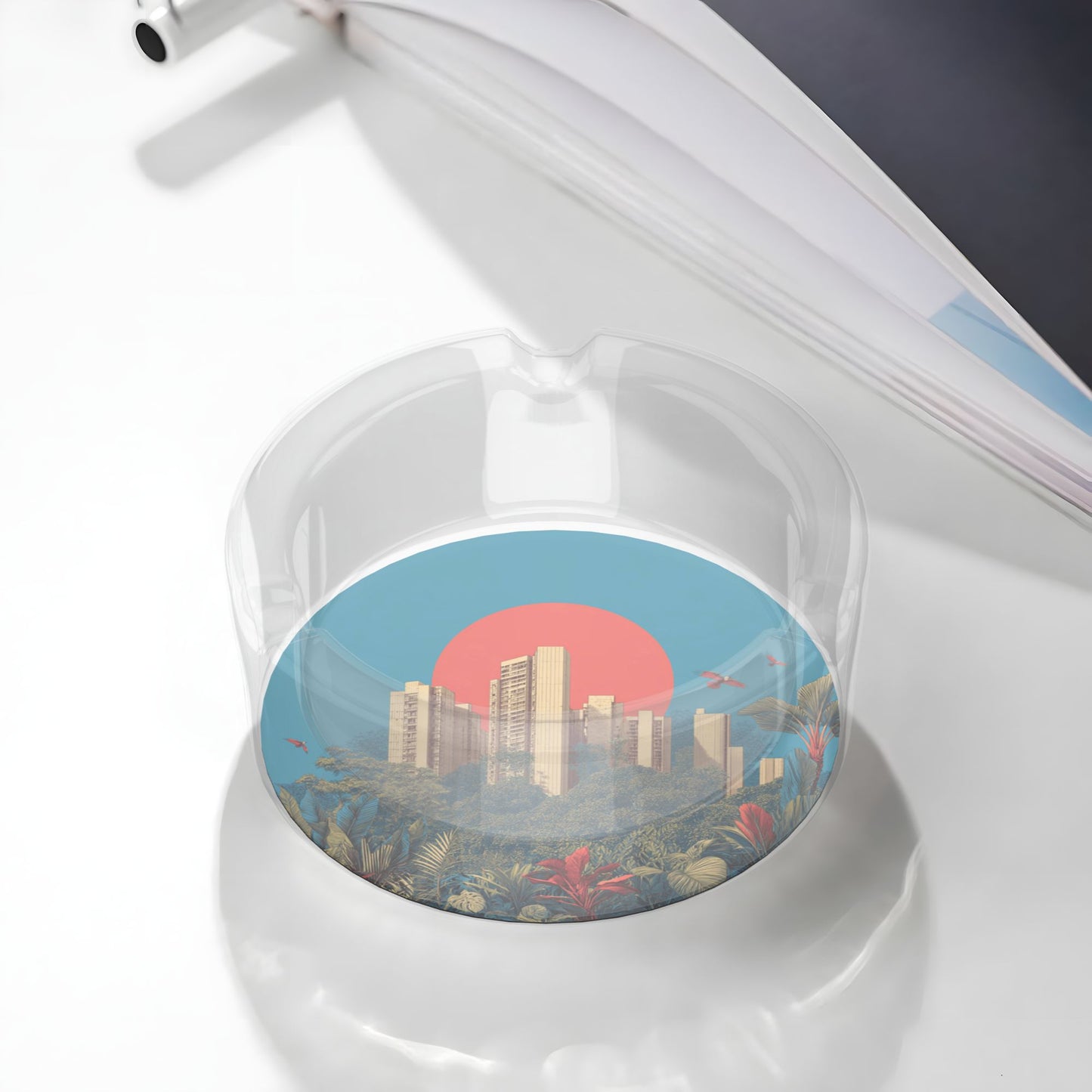 Urban Jungle Sunset Pattern Round Glass Ashtray - 8.5cm Diameter Creative City - Nature Fusion Decorative Ashtray