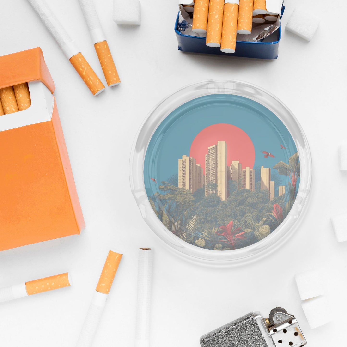 Urban Jungle Sunset Pattern Round Glass Ashtray - 8.5cm Diameter Creative City - Nature Fusion Decorative Ashtray