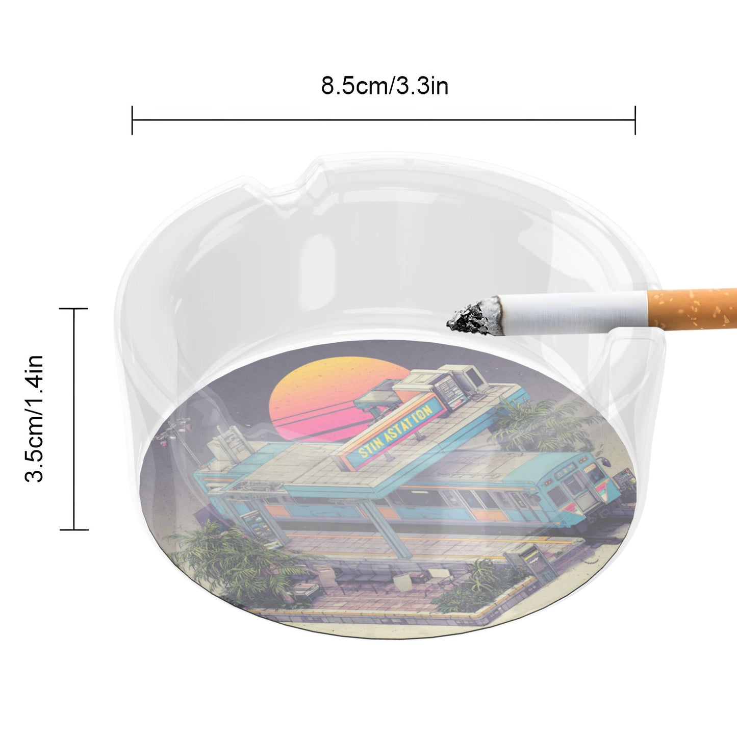 Retro Sunset Station Pattern Round Glass Ashtray - 8.5cm Diameter Nostalgic - Inspired Creative Decorative Ashtray