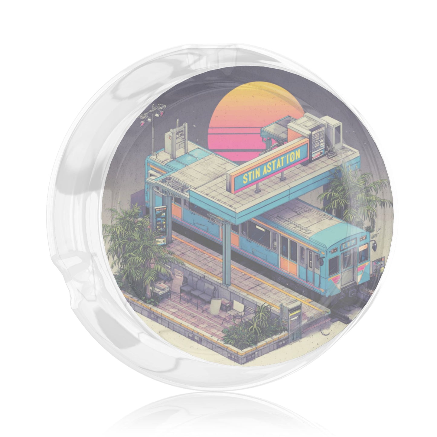 Retro Sunset Station Pattern Round Glass Ashtray - 8.5cm Diameter Nostalgic - Inspired Creative Decorative Ashtray