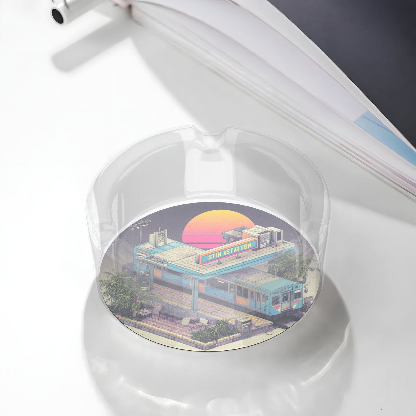 Retro Sunset Station Pattern Round Glass Ashtray - 8.5cm Diameter Nostalgic - Inspired Creative Decorative Ashtray
