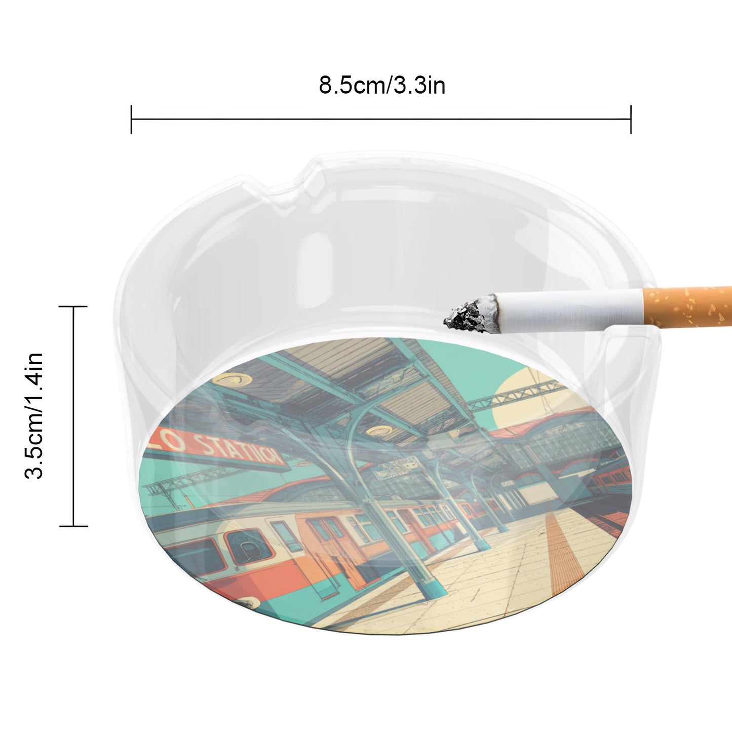 Retro Train Station Pattern Round Glass Ashtray - 8.5cm Diameter Nostalgic - Inspired Creative Decorative Ashtray