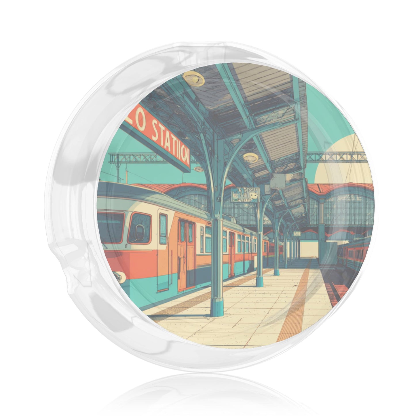 Retro Train Station Pattern Round Glass Ashtray - 8.5cm Diameter Nostalgic - Inspired Creative Decorative Ashtray