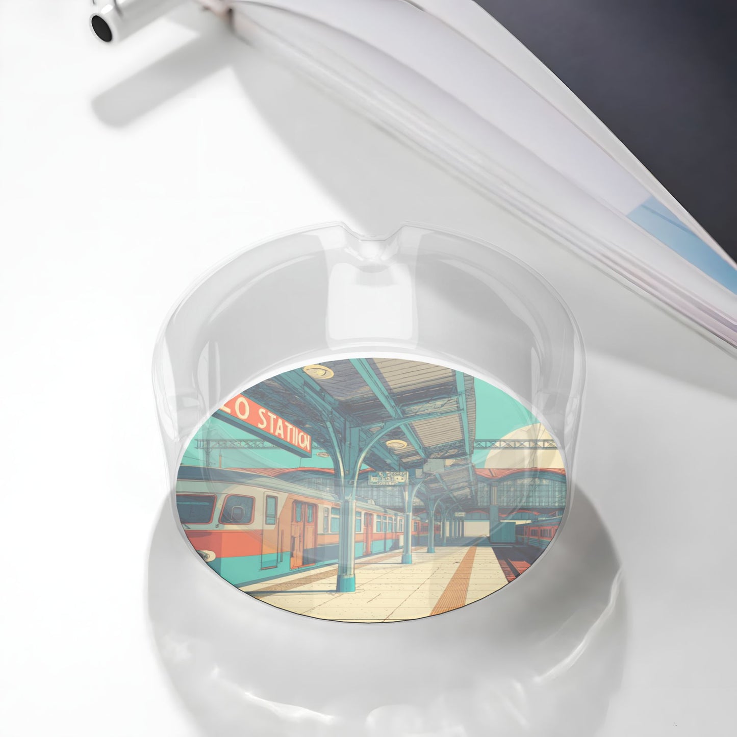 Retro Train Station Pattern Round Glass Ashtray - 8.5cm Diameter Nostalgic - Inspired Creative Decorative Ashtray