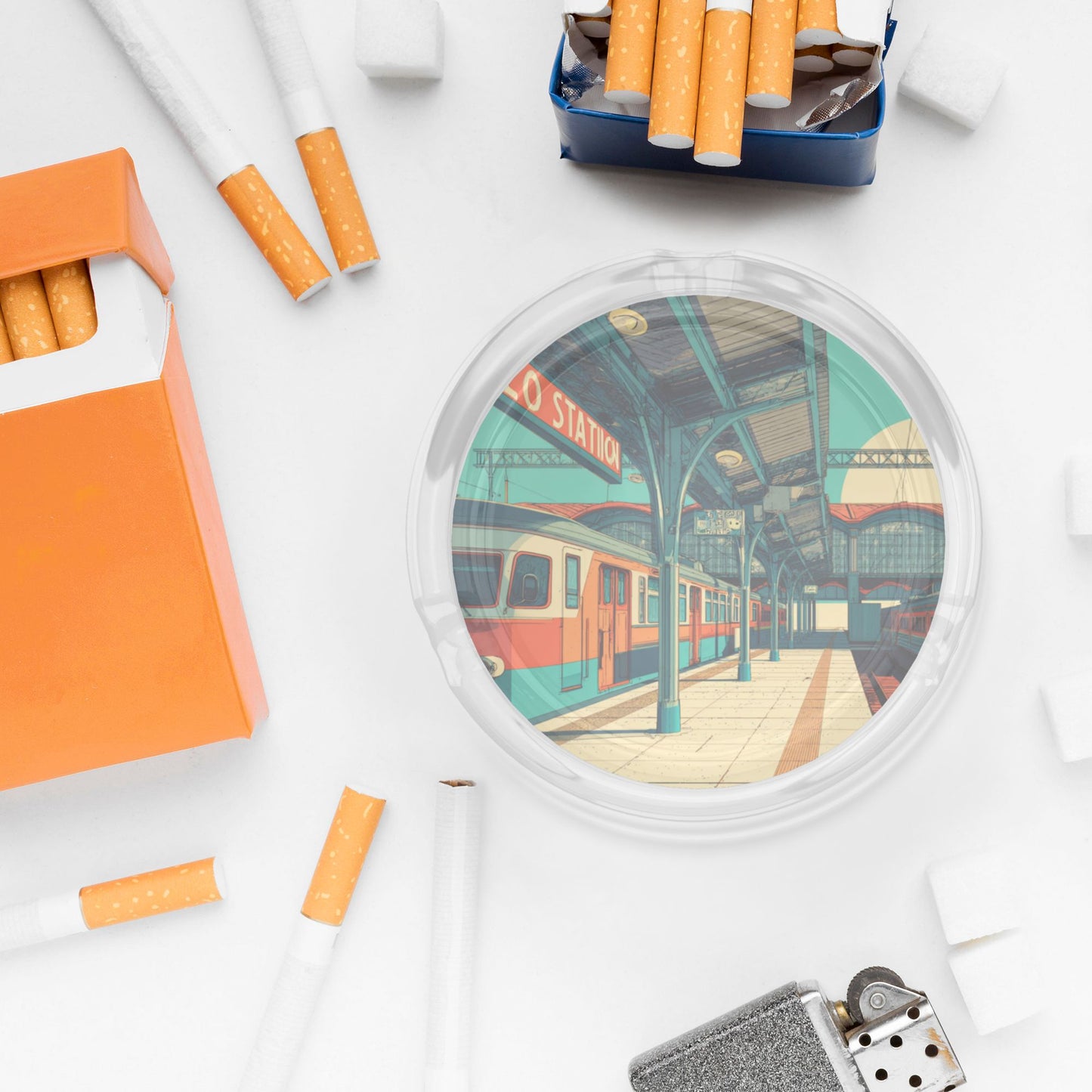Retro Train Station Pattern Round Glass Ashtray - 8.5cm Diameter Nostalgic - Inspired Creative Decorative Ashtray