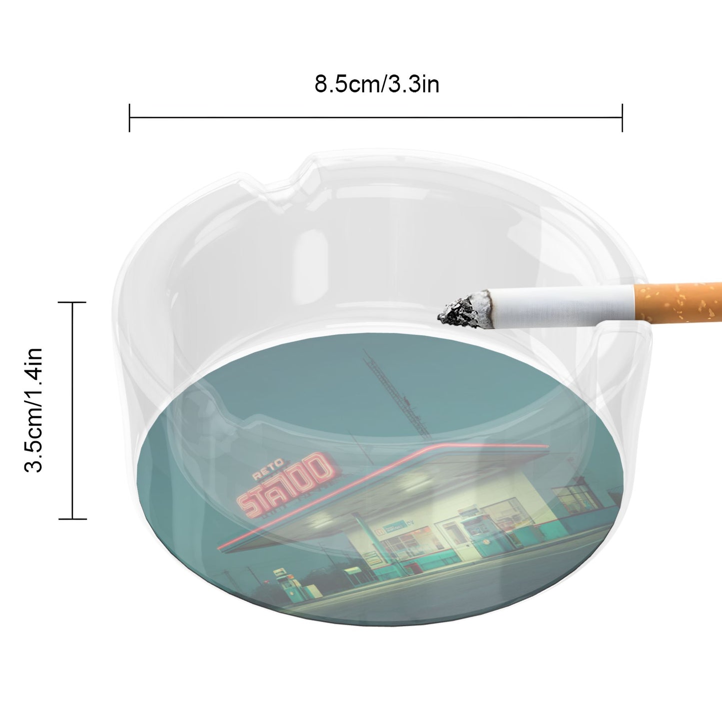 Retro Gas Station Pattern Round Glass Ashtray - 8.5cm Diameter Nostalgic - Inspired Creative Decorative Ashtray