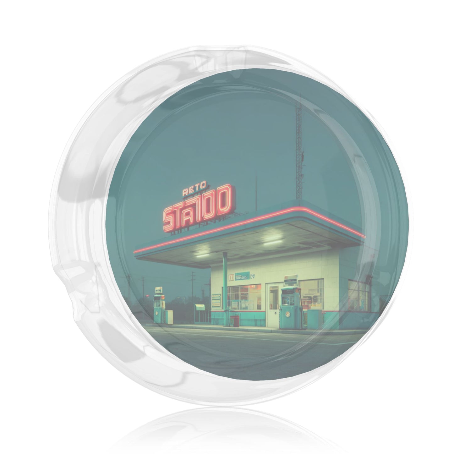 Retro Gas Station Pattern Round Glass Ashtray - 8.5cm Diameter Nostalgic - Inspired Creative Decorative Ashtray