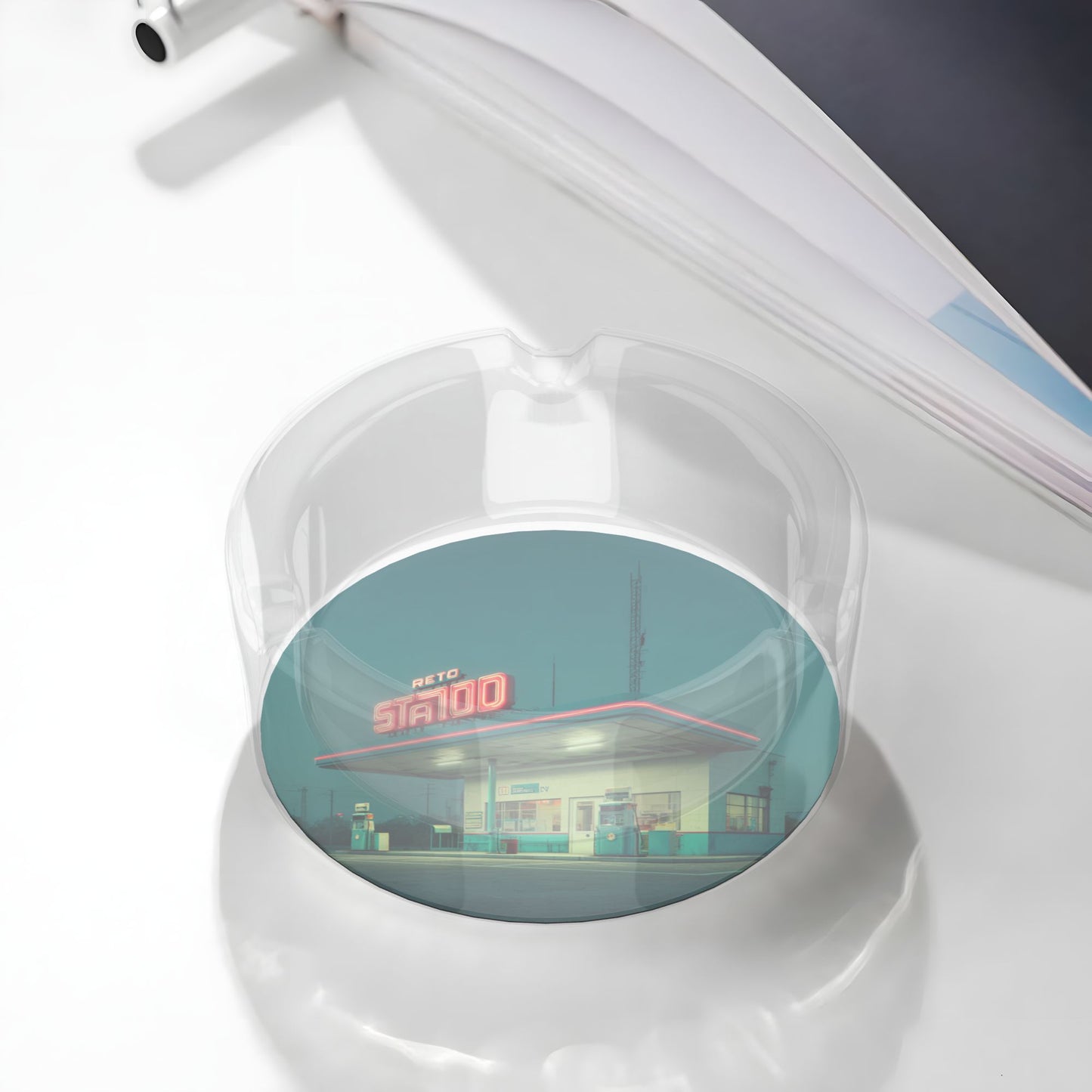 Retro Gas Station Pattern Round Glass Ashtray - 8.5cm Diameter Nostalgic - Inspired Creative Decorative Ashtray