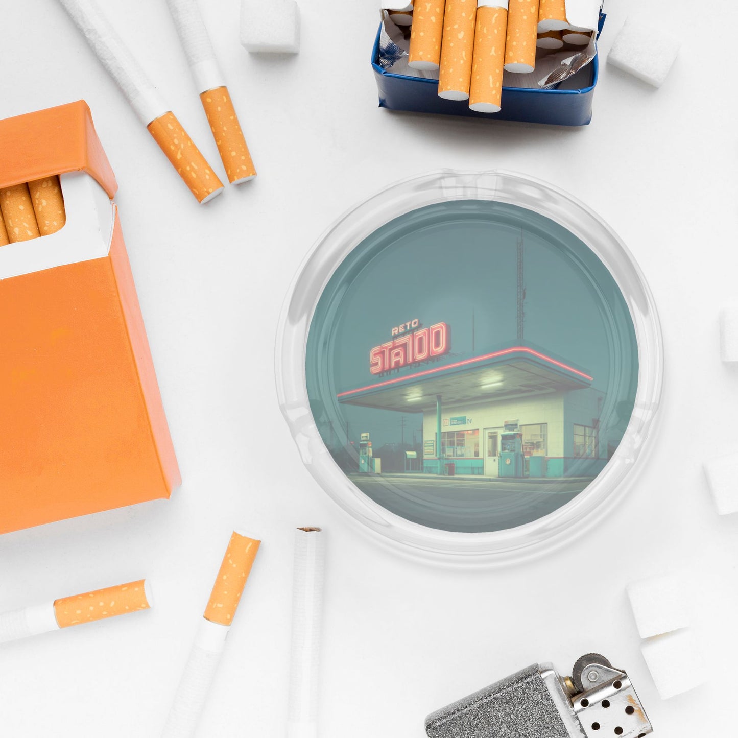Retro Gas Station Pattern Round Glass Ashtray - 8.5cm Diameter Nostalgic - Inspired Creative Decorative Ashtray
