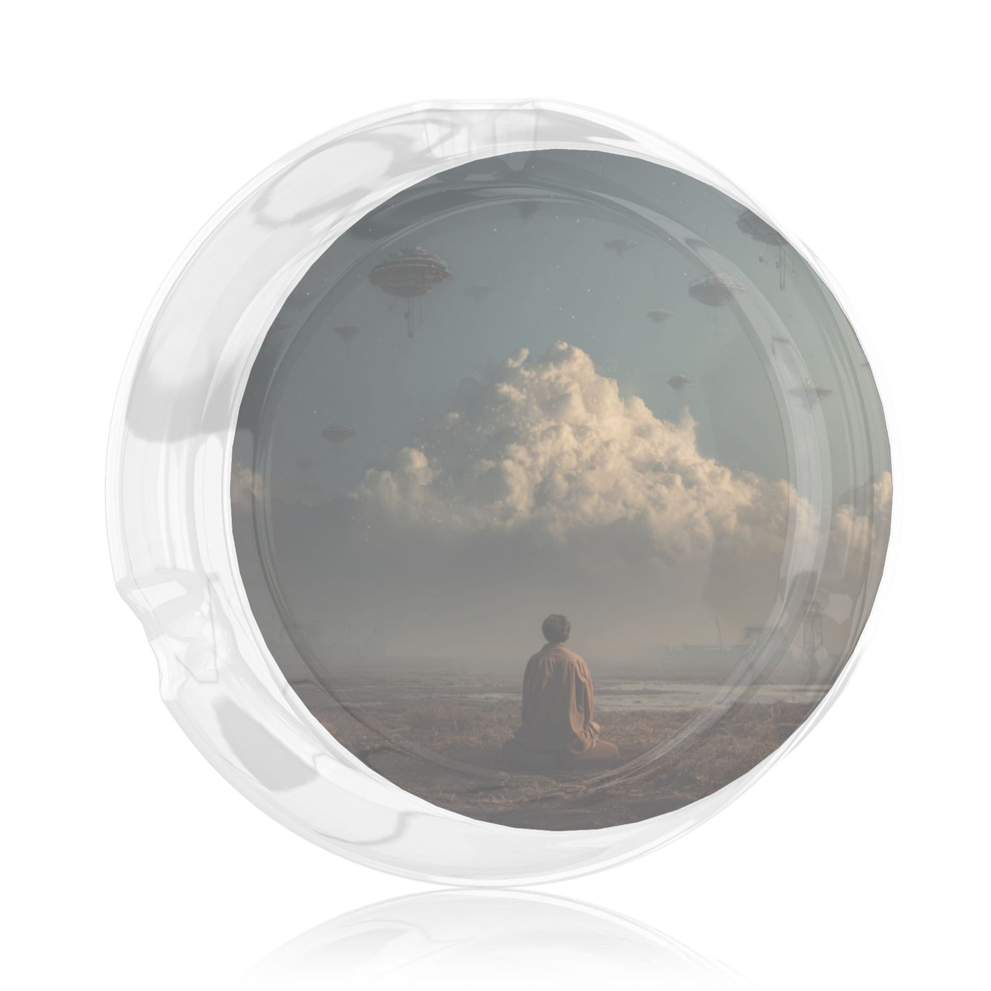 Sci - Fi Style Lonely Observer Pattern Round Glass Ashtray - 8.5cm Diameter Creative Art Decorative Ashtray