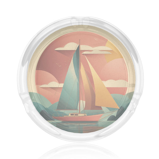 Round Glass Ashtray with Sailboat Pattern - 8.5cm Diameter Creative and Practical Smoking Companion