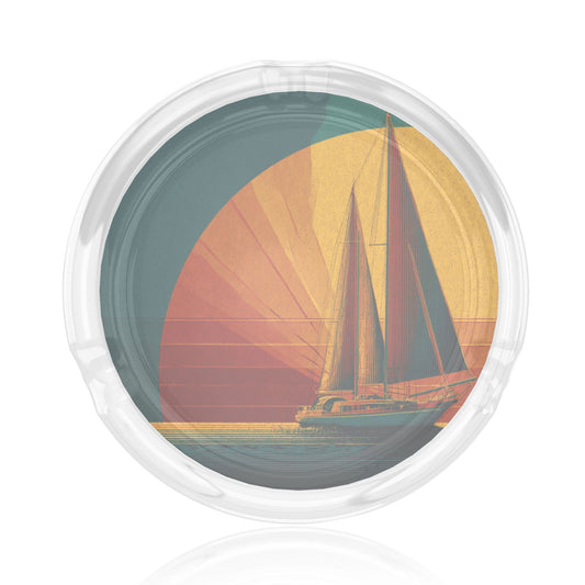 Vintage Sailboat - Themed Round Glass Ashtray | 8.5cm Diameter Nautical Decor Smoking Accessory