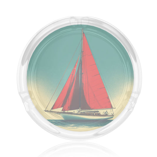 Vintage Red - Sailboat Pattern Round Glass Ashtray - 8.5cm Diameter Nautical - Themed Creative Smoking Accessory
