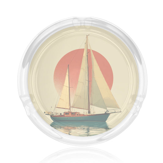 Vintage Sunset Sailboat Pattern Round Glass Ashtray - 8.5cm Diameter Nautical - Inspired Creative Decorative Ashtray