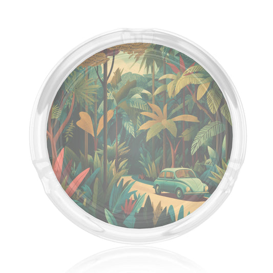 Retro Jungle Adventure Round Glass Ashtray - 8.5cm Diameter, Tropical - Themed Artistic Smoking Accessory