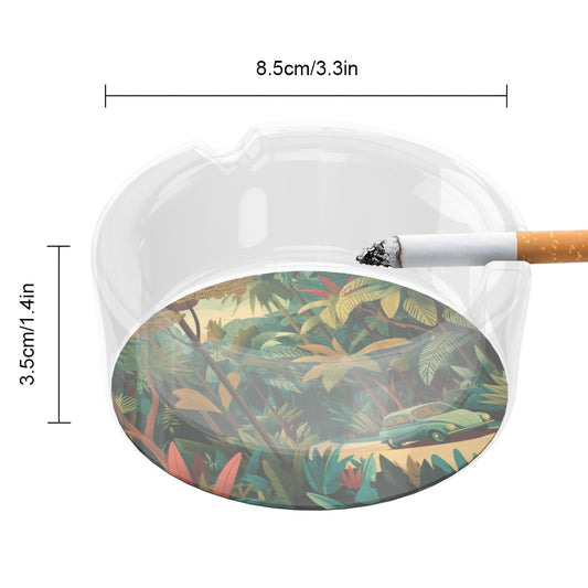 Retro Jungle Adventure Round Glass Ashtray - 8.5cm Diameter, Tropical - Themed Artistic Smoking Accessory