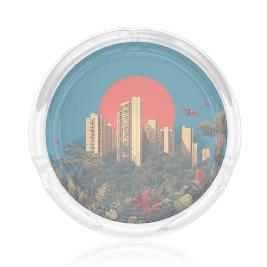 Urban Jungle Sunset Pattern Round Glass Ashtray - 8.5cm Diameter Creative City - Nature Fusion Decorative Ashtray