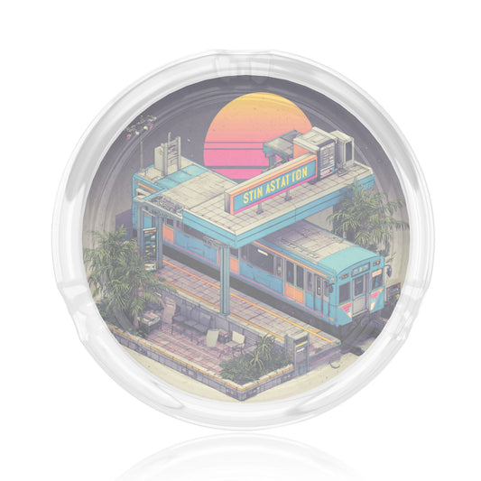 Retro Sunset Station Pattern Round Glass Ashtray - 8.5cm Diameter Nostalgic - Inspired Creative Decorative Ashtray