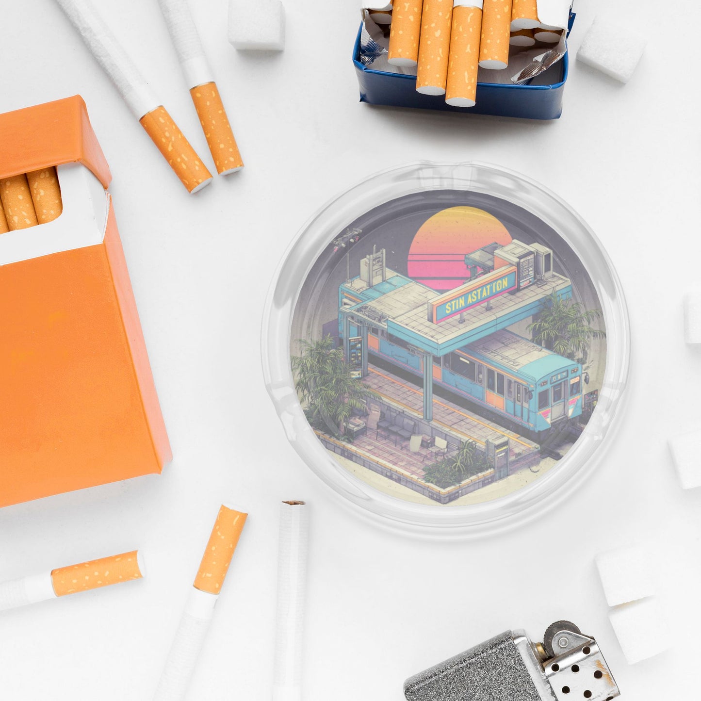 Retro Sunset Station Pattern Round Glass Ashtray - 8.5cm Diameter Nostalgic - Inspired Creative Decorative Ashtray