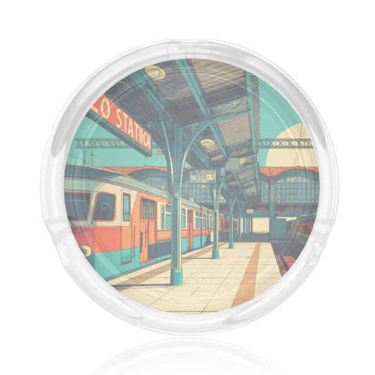 Retro Train Station Pattern Round Glass Ashtray - 8.5cm Diameter Nostalgic - Inspired Creative Decorative Ashtray