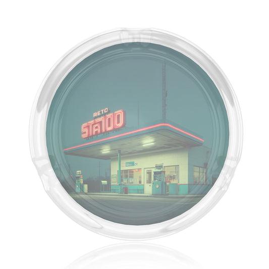 Retro Gas Station Pattern Round Glass Ashtray - 8.5cm Diameter Nostalgic - Inspired Creative Decorative Ashtray