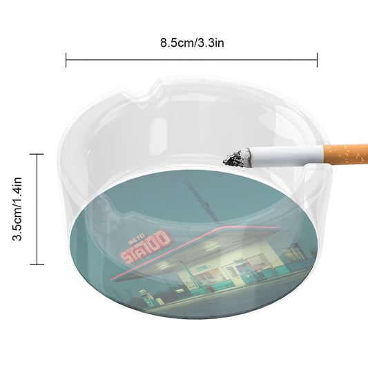 Retro Gas Station Pattern Round Glass Ashtray - 8.5cm Diameter Nostalgic - Inspired Creative Decorative Ashtray