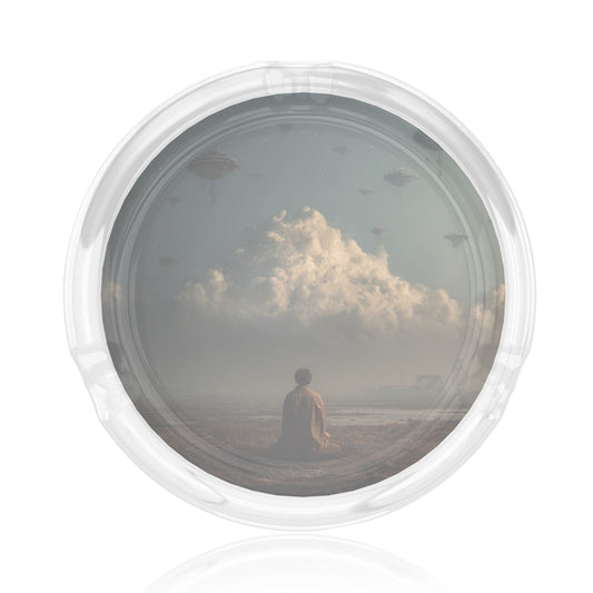 Sci - Fi Style Lonely Observer Pattern Round Glass Ashtray - 8.5cm Diameter Creative Art Decorative Ashtray